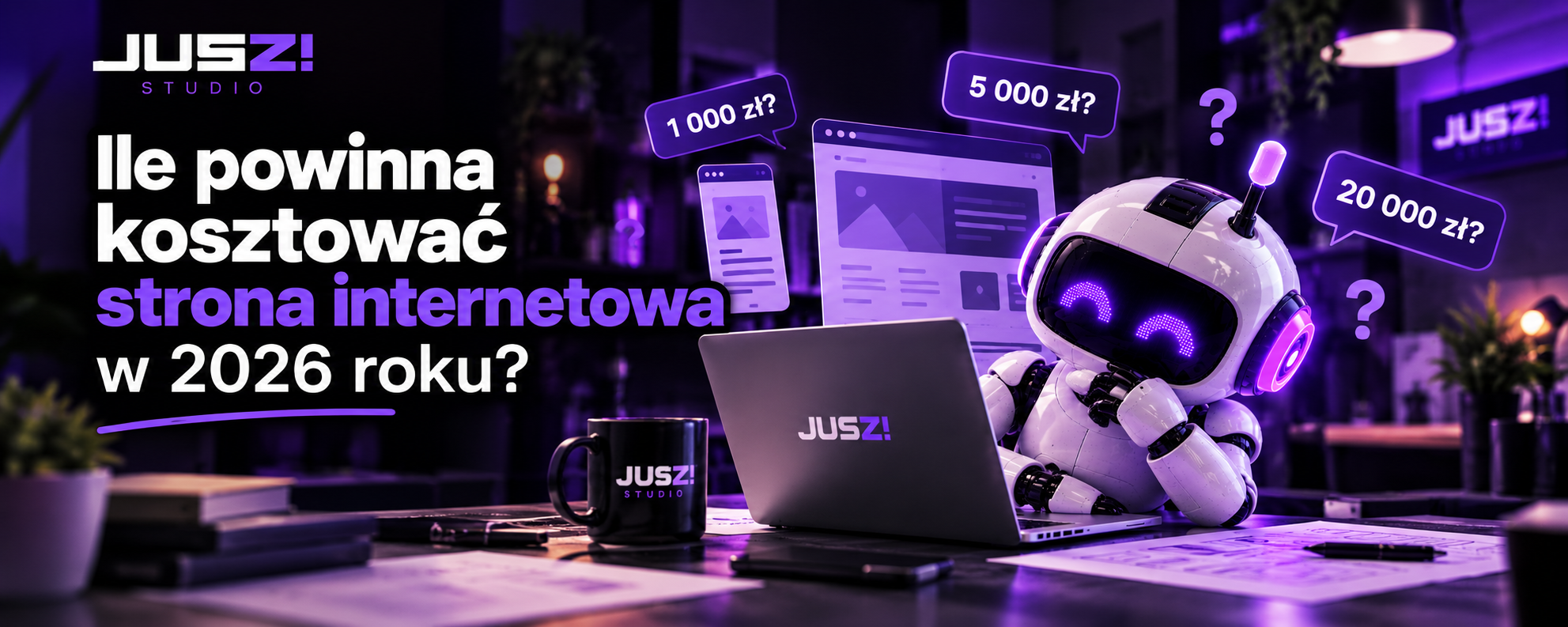Ile powinna kosztować strona internetowa w 2026 roku — JUSZ! BOT przy laptopie
